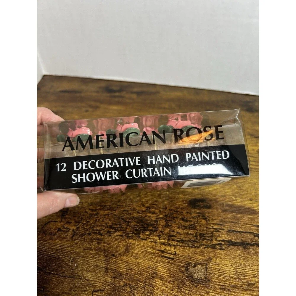 Vintage American Rose 12 Hand-Painted Pink Roses Shower Curtain Hooks Set in Box